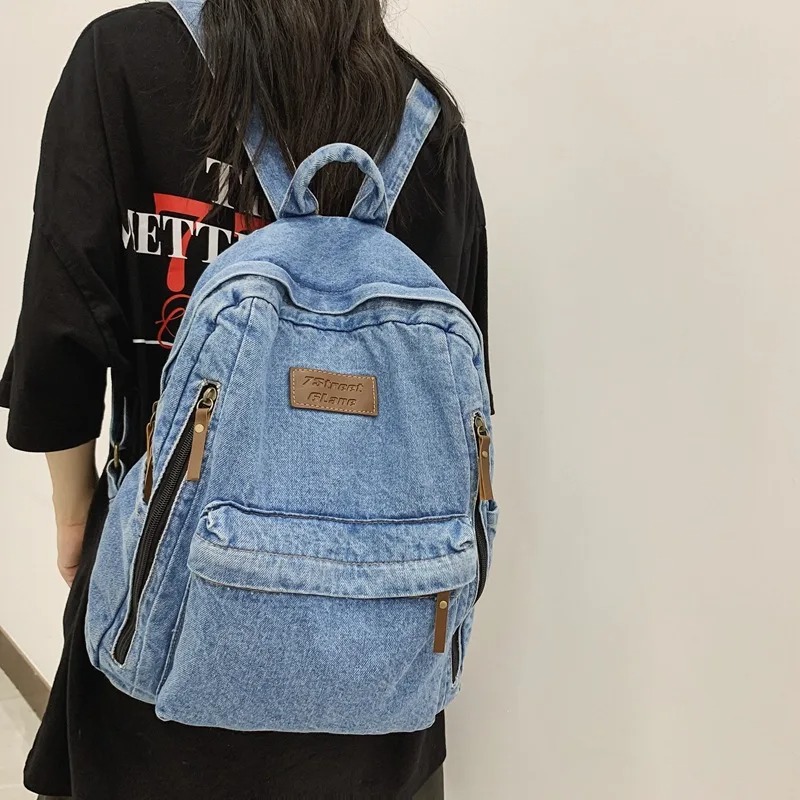 Embroidery Frame - デニムファッションバックパック、スクールトレンド学生用ジーンズバッグ、多ポケット大容量リュックサック、女性用スクールバッグ2025