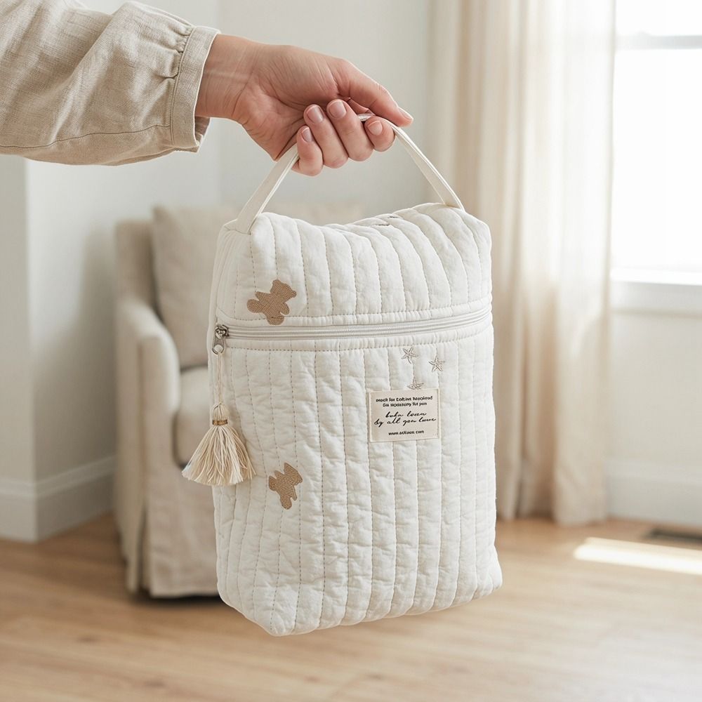 Embroidery And Quilting - ファッションキルティングポータブルベビーカーナップサック大容量多機能刺繍ママバッグコットンベージュベビーおむつバッグ収納