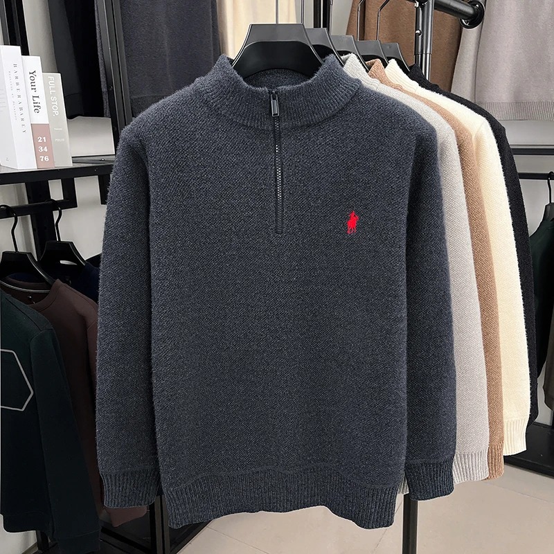 Embroidery Logo - 高級ジッパー付きスタンドカラーセーター メンズ 冬新作 ファッションデザイナーブランド ポールロゴ刺繍入り ベルベット