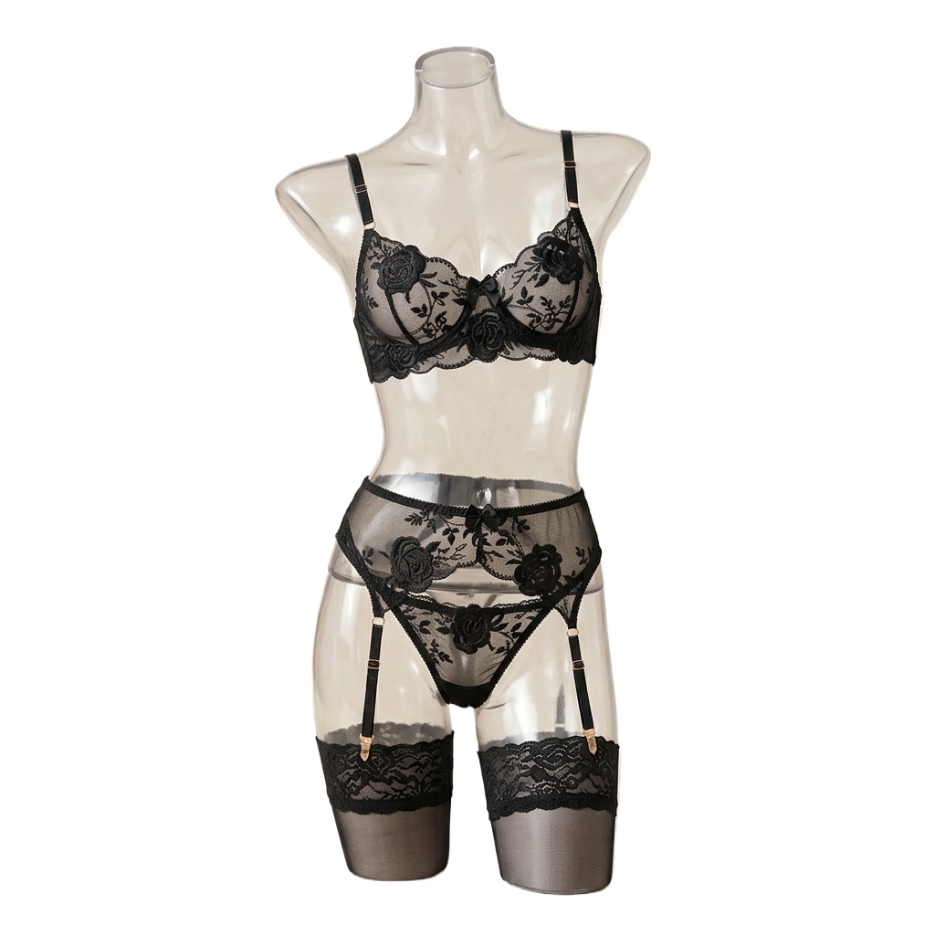 Embroidery Underwear - 花柄刺繍ブラジャー・パンティーセット ランジェリー レディース 透明ブラレット ブラジャー 下着