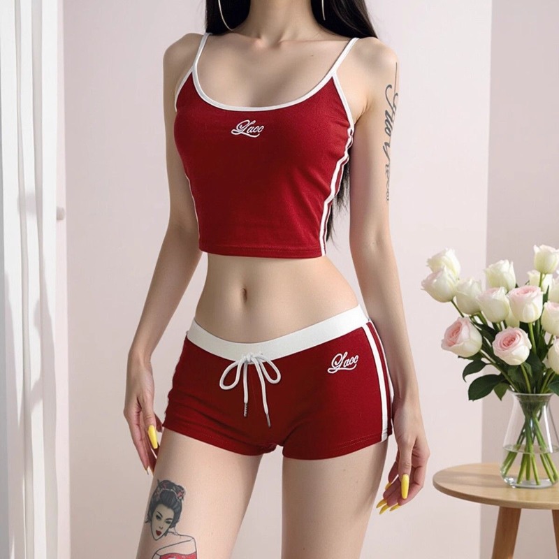 Embroidery Motif - 女性マッチングセットパッチワーク刺繍レタータイツ U ネックスリング巾着ミニショーツセットカジュアル女性タンクトップセット