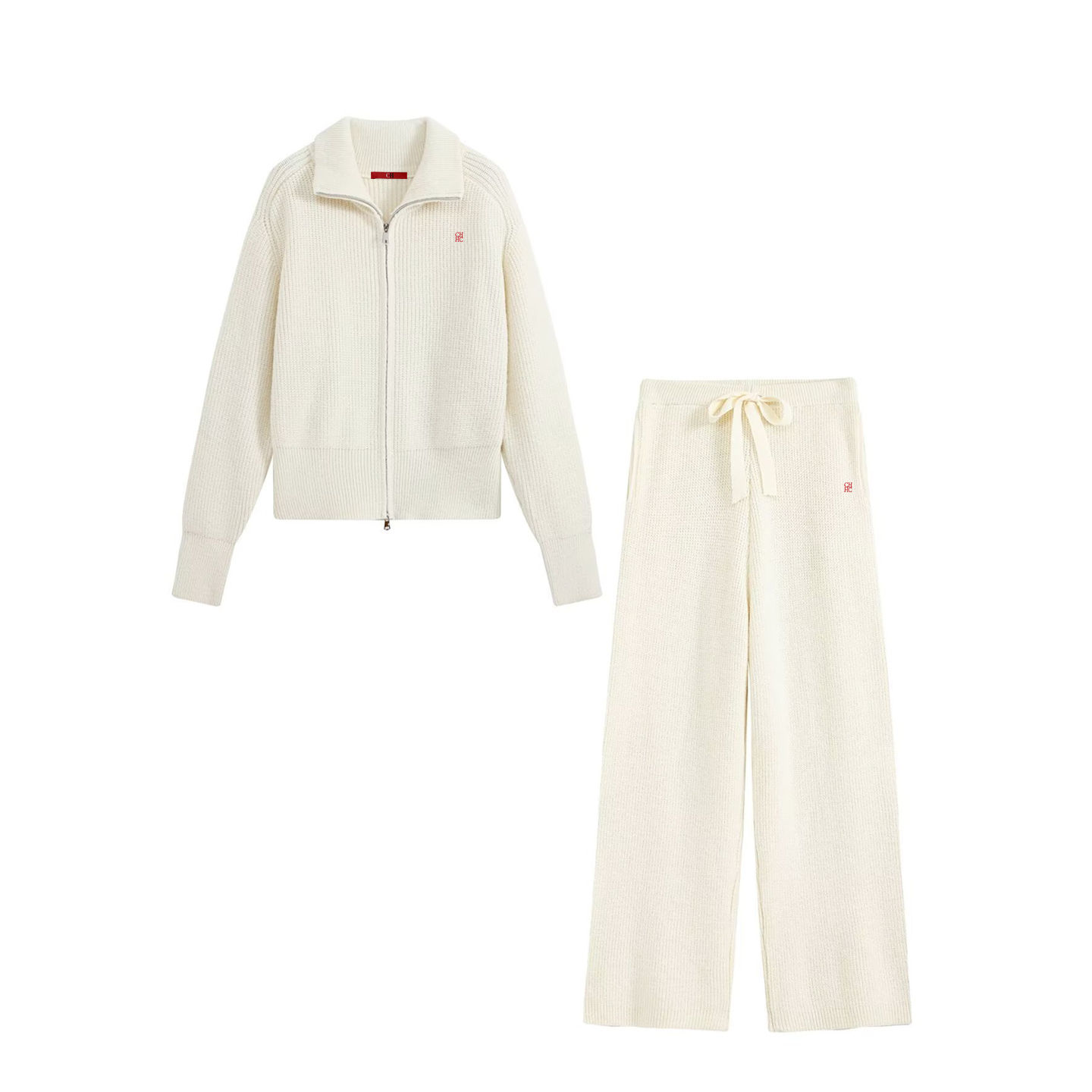レディース ジップアップカラーニット ツーピースセット レッ - Embroidery Textile のレビューと価格