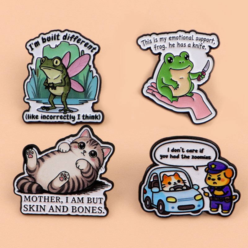 キュートなカエル、猫、犬の漫画キャラクターのエナメルピン、ラ - Embroidery Textile のレビューと価格