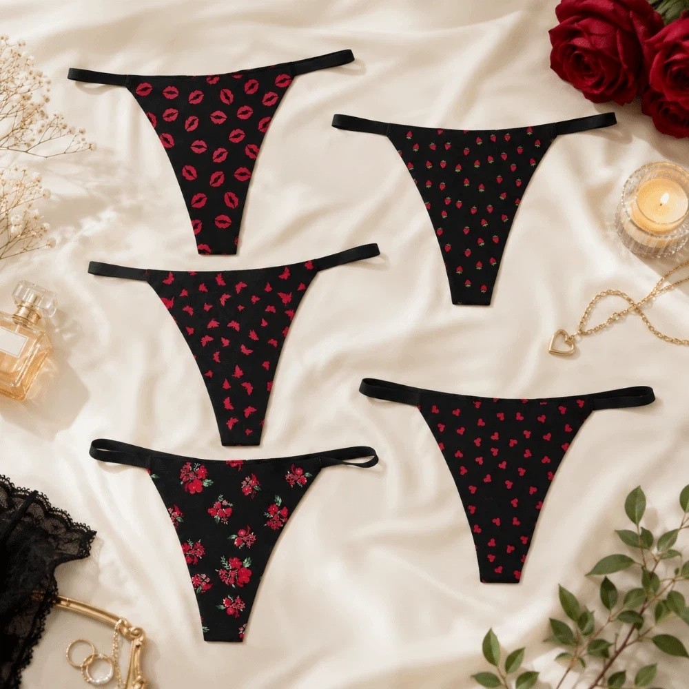 エレガントなシームレス女性用Tバックショーツ、ローウエストリ - Embroidery Lips のレビューと価格