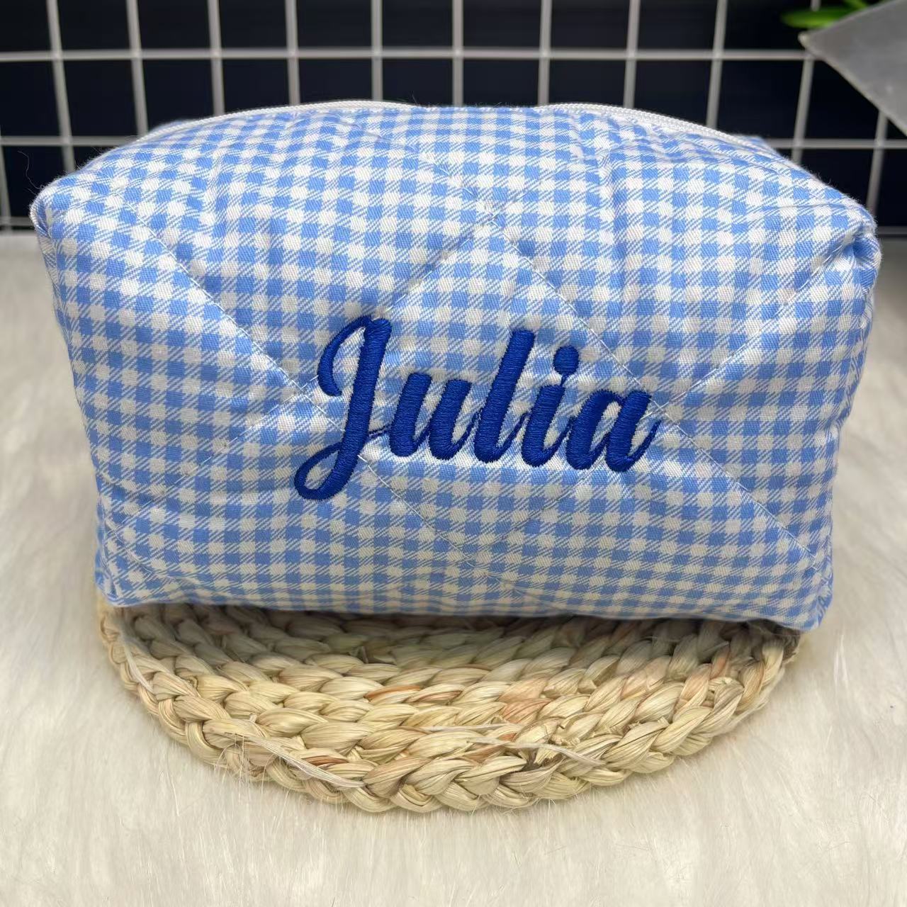 大容量ストライプ化粧品バッグ カスタムロゴと名前刺繍付き パ - Embroidery Logo のレビューと価格